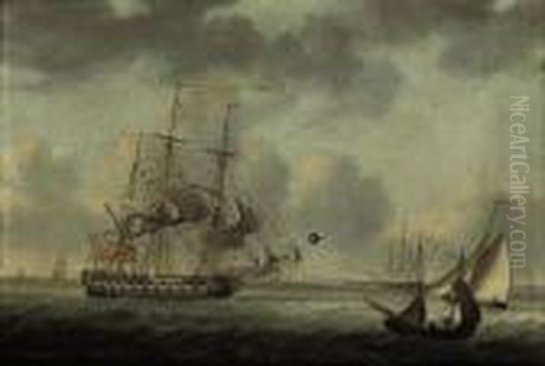 A Royal Naval Fourth Rate And Cutter In The Channel Oil Painting by Nicholas Pocock