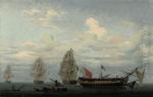 An Anglo-french Engagement Oil Painting by Nicholas Pocock