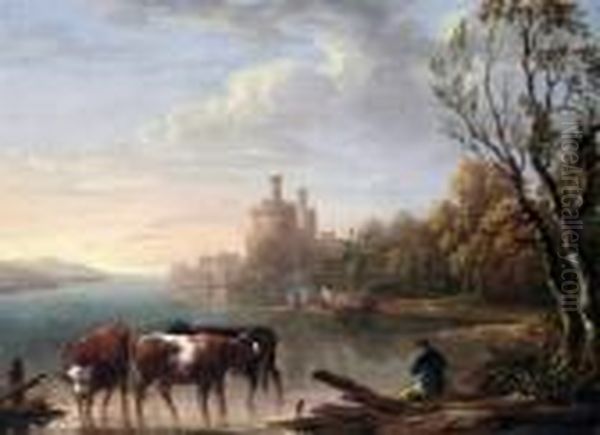 Cattle Watering With A Castle Beyond Oil Painting by Nicholas Pocock