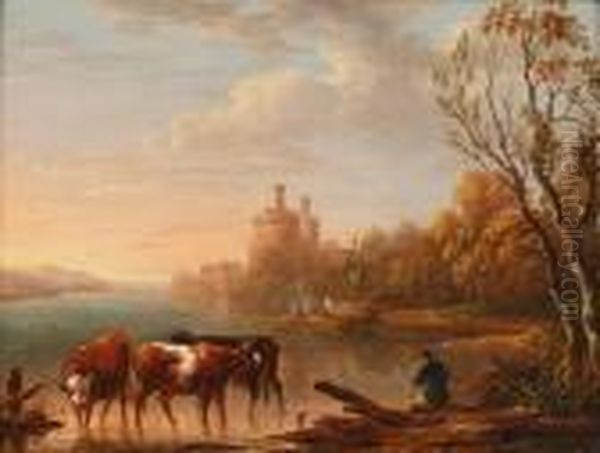 Cattle Watering At An Estuary, With Distant Castle Oil Painting by Nicholas Pocock