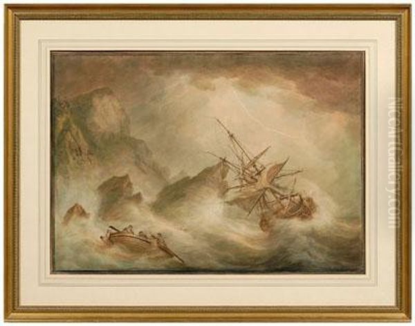 Rocky Coast In Stormy Sea, Shipwreck And
 Life Boat Oil Painting by Nicholas Pocock