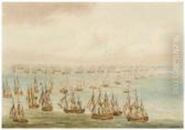 An English Fleet Of About 25 Ships Oil Painting by Nicholas Pocock