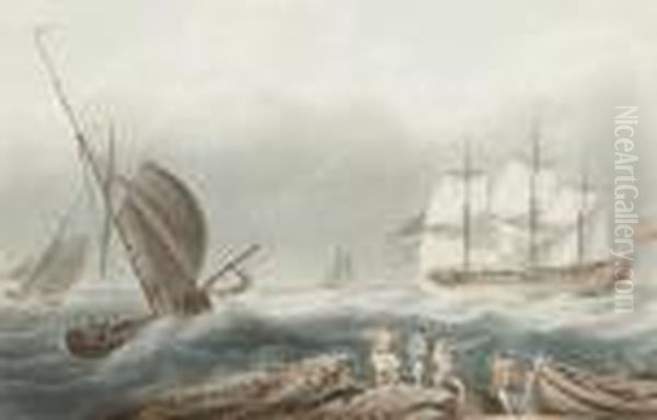 Man O War And Other Shipping In A Squally Sea Oil Painting by Nicholas Pocock