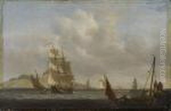 Fishing Vessels And A Two Masted Schooner Off The Poolbeglighthouse Oil Painting by Nicholas Pocock