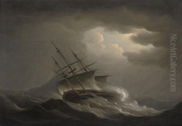 A Frigate Heeling In An Offshore Gale Oil Painting by Nicholas Pocock