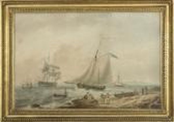 A Coastal Landscape With 
Fisherfolk On A Beach, With An English Naval Frigate Coming Into Port Oil Painting by Nicholas Pocock