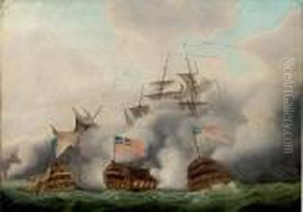 The Hms Brunswick Engaging Two French Ships Off Ushant Oil Painting by Nicholas Pocock