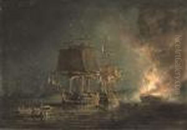 The Burning Of The Russian 74-gun Sewolod Oil Painting by Nicholas Pocock