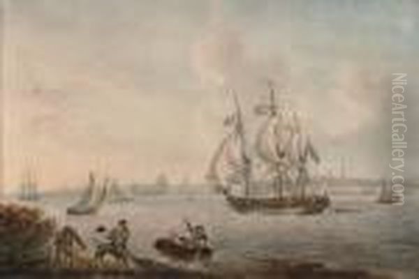 An English Frigate In The Mersey Off Liverpool Oil Painting by Nicholas Pocock