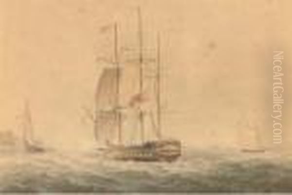 A Frigate Offshore, Astern Of A 
Large Cutter, With An Armed Luggeroff Her Starboard Beam; And A Frigate 
Reefed Down In Heavyweather Oil Painting by Nicholas Pocock