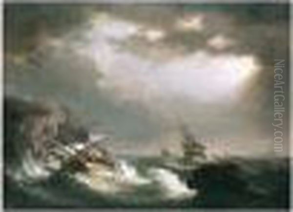 British Man Of War In Rough Seas Off The Coast Oil Painting by Nicholas Pocock