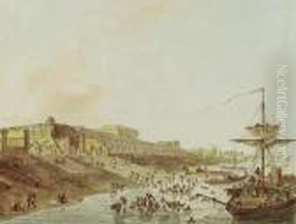 Old Fort Ghaut And The West View Of The Old Fort, Calcutta Oil Painting by Nicholas Pocock