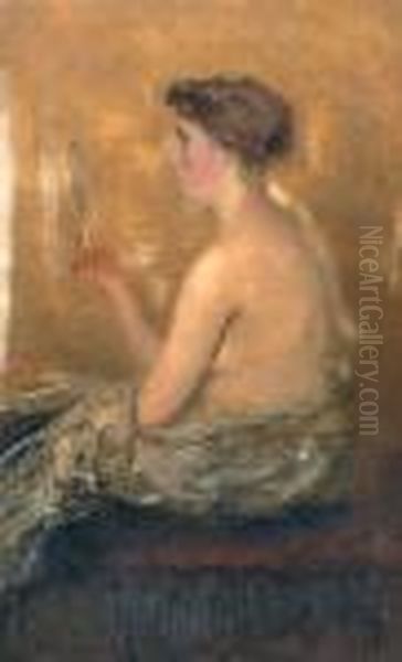 A Young Woman Admiring Herself In A Mirror Oil Painting by Ivan Pavlovich Pokhitonov