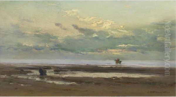 On The Beach, Biarritz. Effect At Evening, Late 1880 Oil Painting by Ivan Pavlovich Pokhitonov