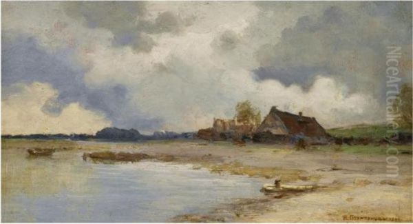 River Landscape With Houses Oil Painting by Ivan Pavlovich Pokhitonov