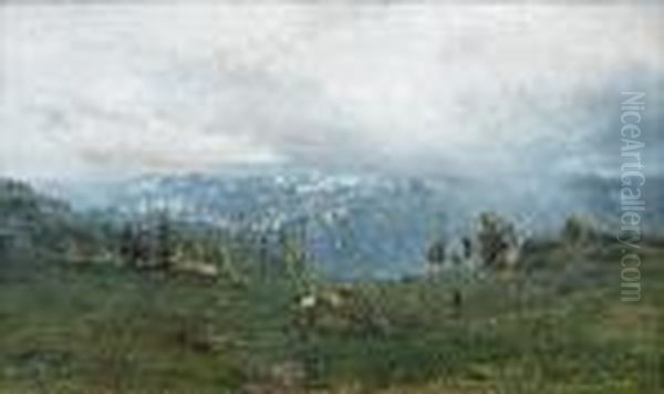 Mountain Landscape With Lake Geneva In The Foreground Oil Painting by Ivan Pavlovich Pokhitonov