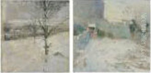 Garden, Rue Du Trone And Tree In Winter: A Pair Of Landscapes Oil Painting by Ivan Pavlovich Pokhitonov