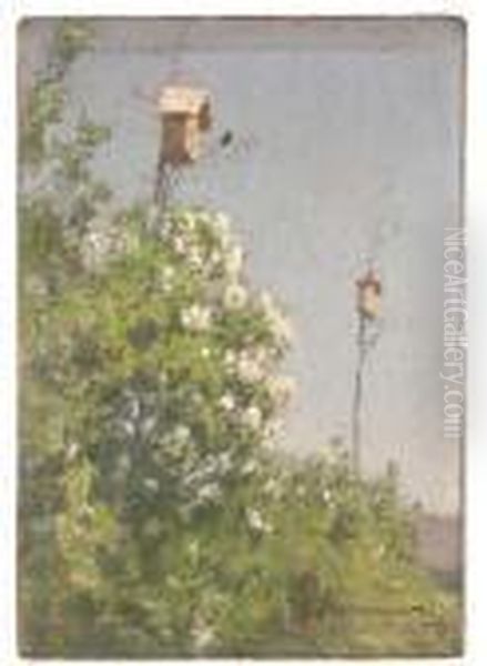 Nesting Boxes Above Flowering Shrubs Oil Painting by Ivan Pavlovich Pokhitonov