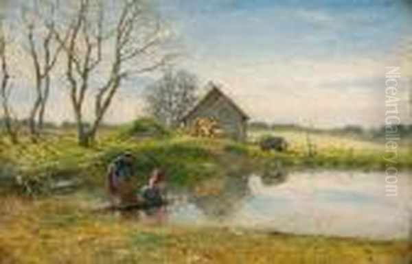 Laundresses At The Pond - Zhabovshchizna Oil Painting by Ivan Pavlovich Pokhitonov