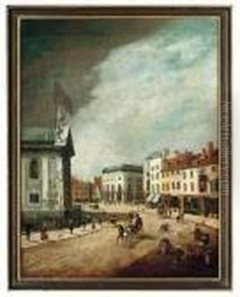 A Bustling Street Before St. Alfege's Church, Greenwich Oil Painting by James Pollard