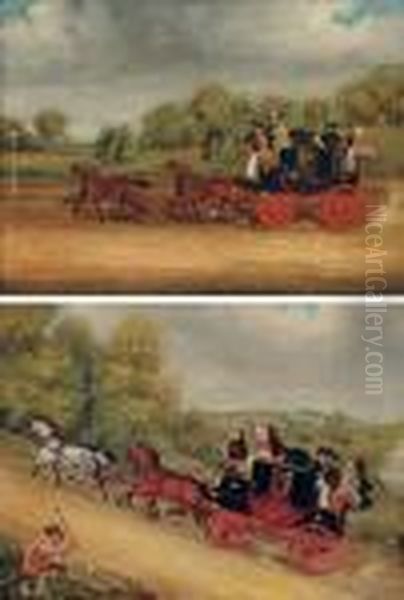 The Cambridge To London Coach; 
And The Manchester-to-london Coach, With A Stonebreaker In The 
Foreground And A Hunt Beyond Oil Painting by James Pollard