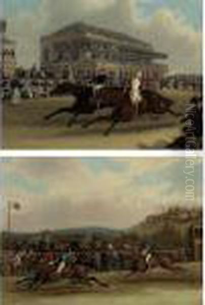 Priam Beating Retriever At 
Doncaster, September 23, 1830 And Captain Beecher On Vivian Winning The 
Hunters' Stakes At Worthy Down, Winchester, July, 1835: A Pair Oil Painting by James Pollard