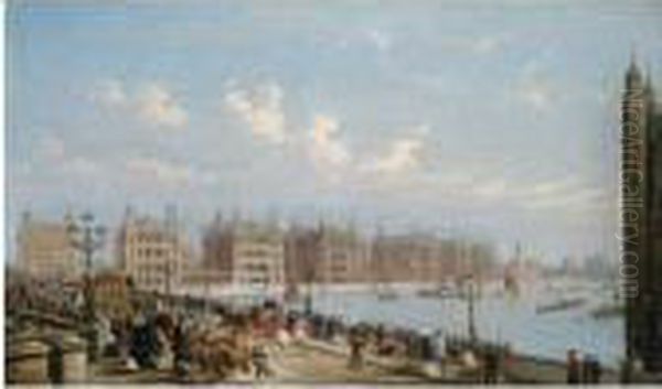 View Of Westminster Bridge And St Thomas's Hospital Oil Painting by James Pollard