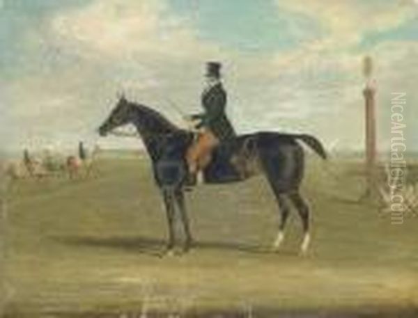 A Black Racehorse With A Trainer Up, With Horses Being Exercisedbeyond Oil Painting by James Pollard