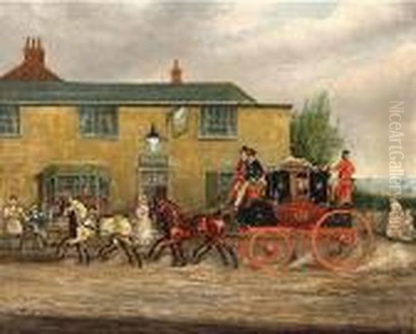 London To Dover Coach Outside An Inn Oil Painting by James Pollard