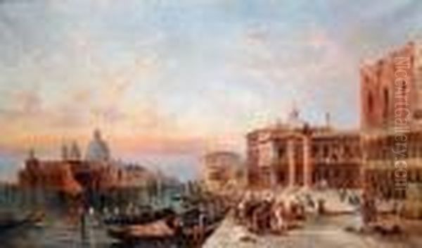 sunset On The Grand Canal, Venice, View Towards The Santa Maria Della Sallote Oil Painting by Alfred Pollentine