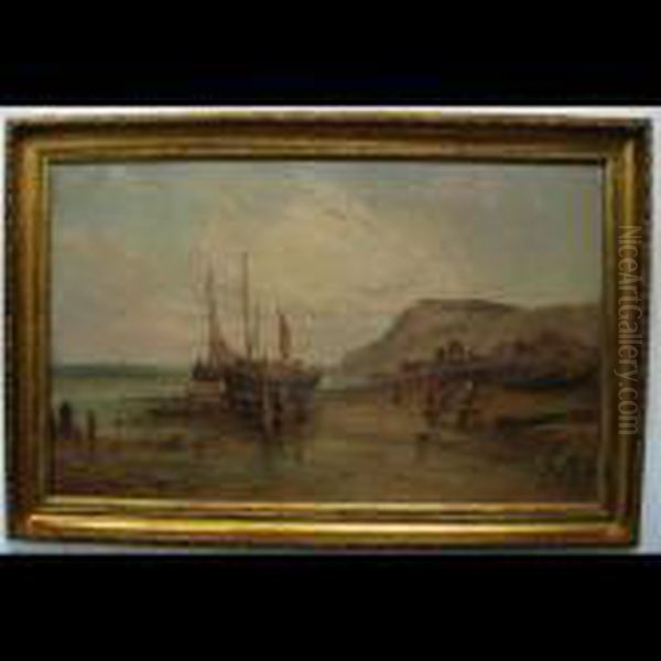 Beach Scene With Fishing Boats And Figures Oil Painting by Alfred Pollentine