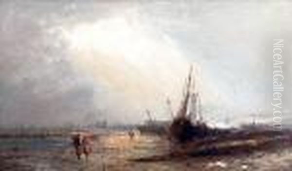 Shore Scene With Beached Fishing Boats Andfigures Oil Painting by Alfred Pollentine