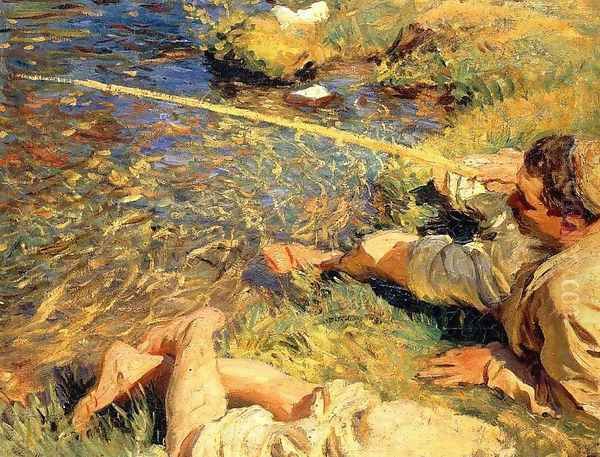 Val d'Aosta: Man Fishing Oil Painting by John Singer Sargent