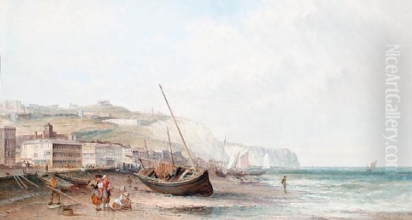 Beached Fishing Boats At Dover Oil Painting by Alfred Pollentine