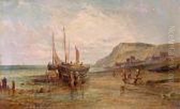 Beached Fishing Boats, Low Tide. Oil Painting by Alfred Pollentine