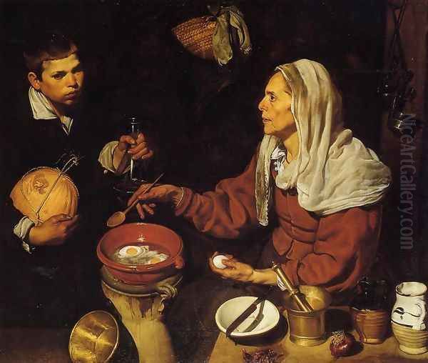 Old Woman Frying Eggs 1618 Oil Painting by Diego Rodriguez de Silva y Velazquez