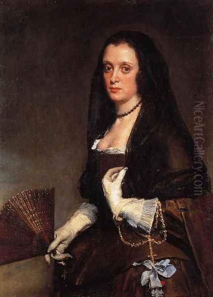 Lady With A Fan Oil Painting by Diego Rodriguez de Silva y Velazquez