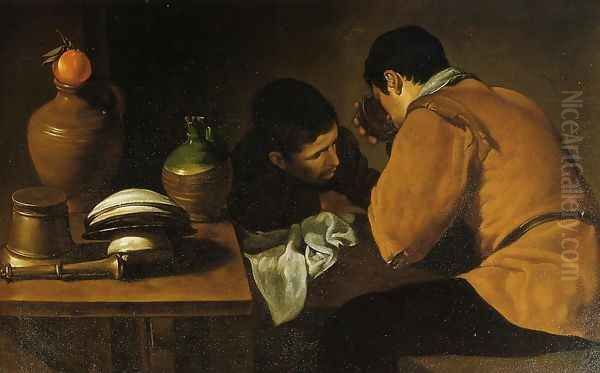 Two Young Men At A Table Oil Painting by Diego Rodriguez de Silva y Velazquez