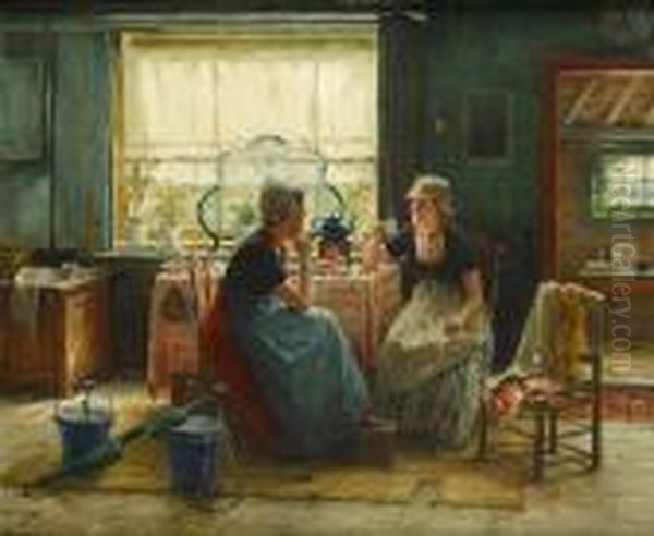 Deux Zeelandaises Dans Un Interieur Oil Painting by Edward Antoon Portielje