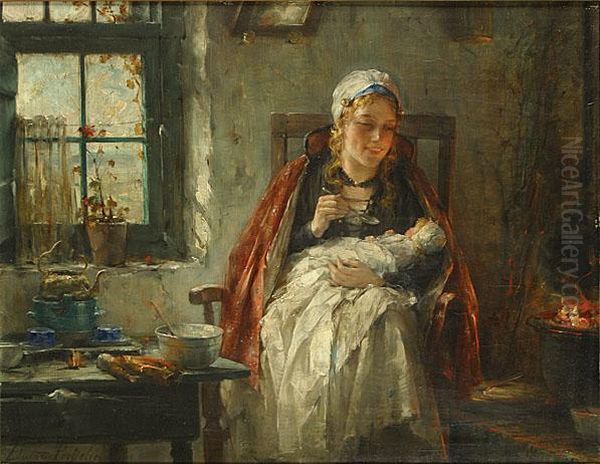 Moeder En Kind Oil Painting by Edward Antoon Portielje