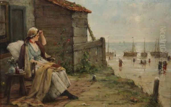 Geanimeerd Strandgezicht Met Vissers En Vrouw Wachtend Op Haar Geliefde. Oil Painting by Edward Antoon Portielje