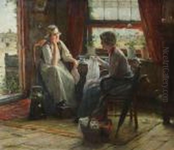 Zeeuws Interieur Met Twee Jonge Vrouwen Kleren Verstellend. Oil Painting by Edward Antoon Portielje