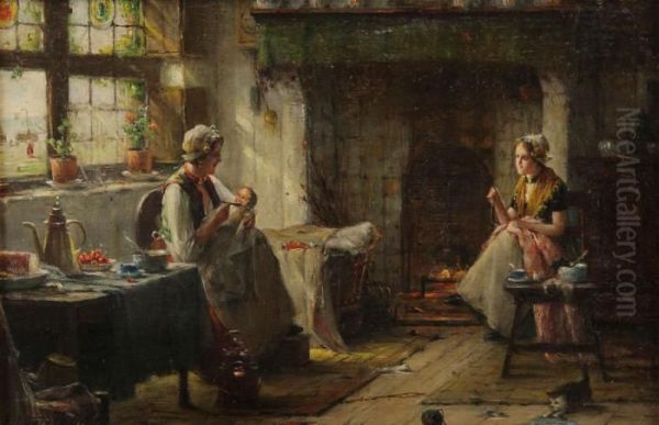 Zeeuws Interieur Met Jonge Moeder,pap Voederend En Andere Vrouw, Kleren Verstellend. Oil Painting by Edward Antoon Portielje