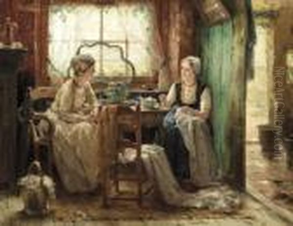 Deux Zeelandaises Dans Un Interieur Oil Painting by Edward Antoon Portielje