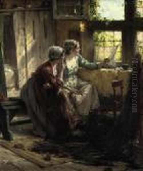 Mending The Nets Oil Painting by Edward Antoon Portielje