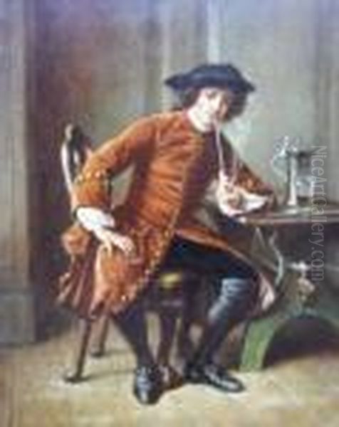 Portrait Of A Gentleman Seated Full-length In A Tavern Smoking A Pipe Oil Painting by Edward Antoon Portielje