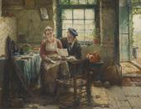 Les Amoureux A La Lecture Oil Painting by Edward Antoon Portielje