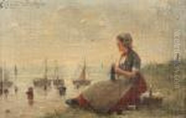 Coastal View With Fishing Boats And Figures Watched By A Knitting Woman Oil Painting by Edward Antoon Portielje