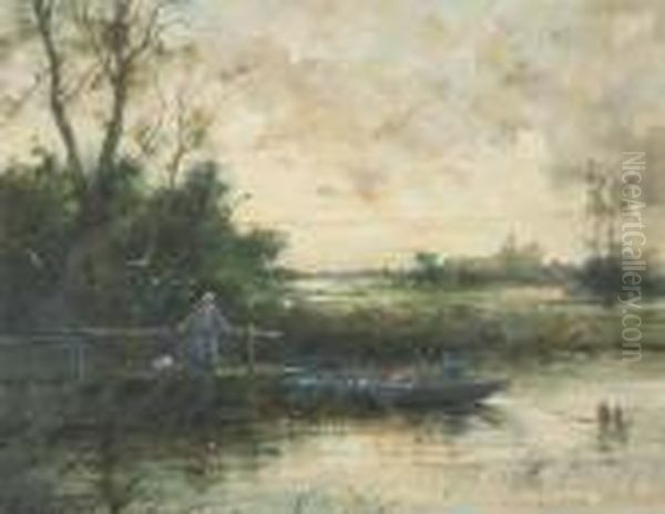 Waterlandscape With Fisherman And Woman At The Docks Oil Painting by Edward Antoon Portielje