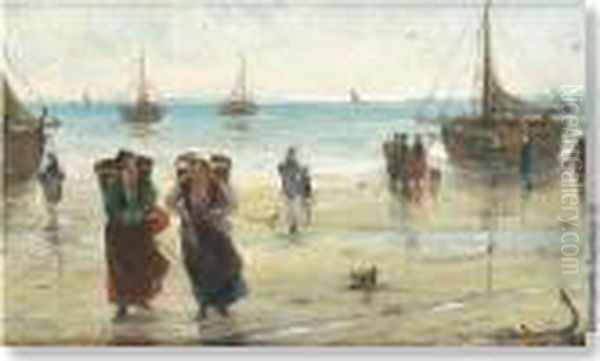 Women At Thebeach Oil Painting by Edward Antoon Portielje